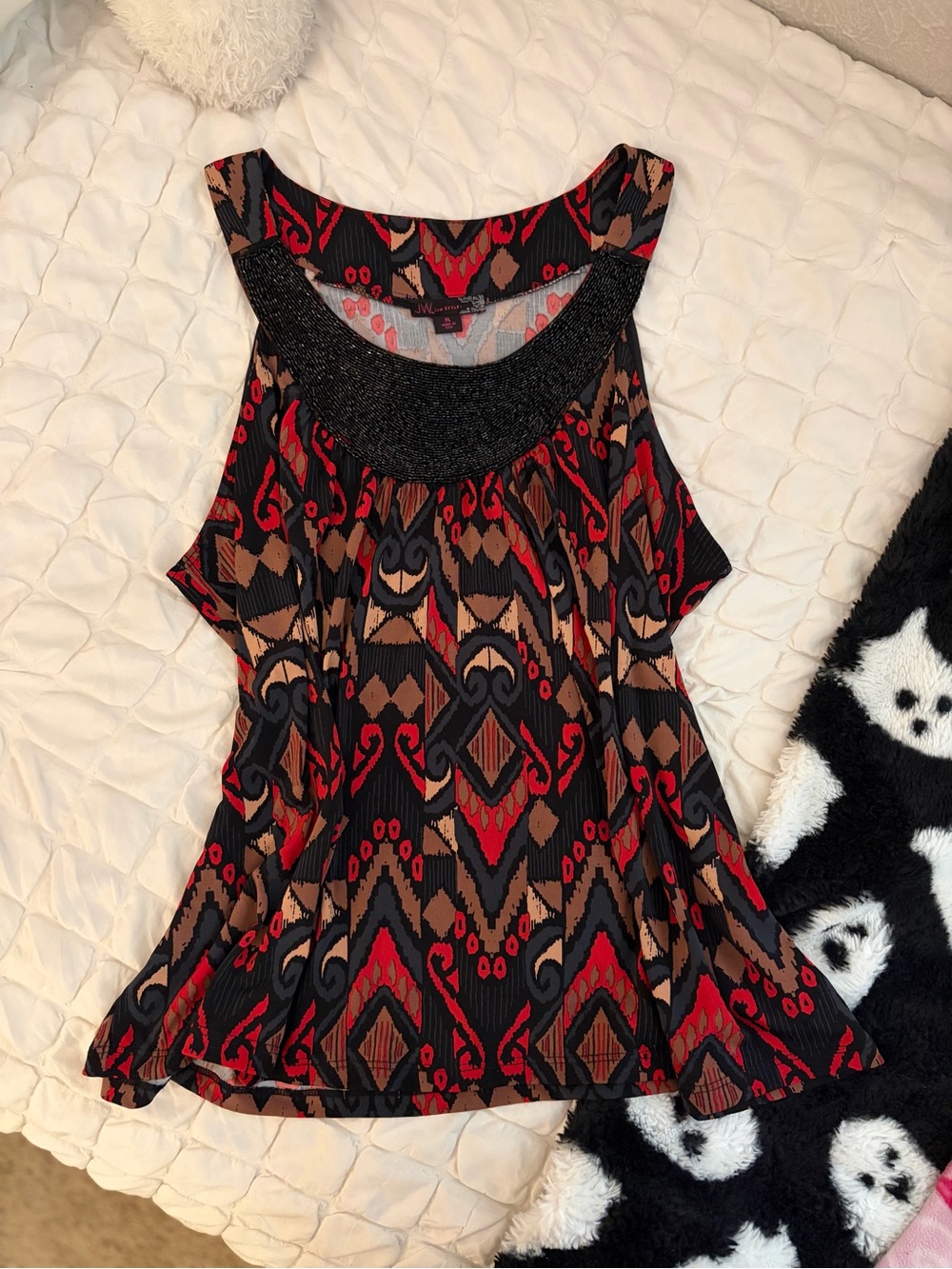 Vintage Y2K JW Style Aztec Geometric Beaded Neckline Tank Top XL